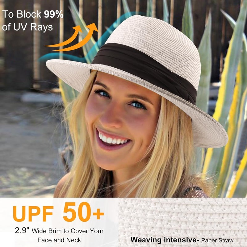 DRESHOW Women Straw Panama Hat Travel Fedora Beach Sun Hat Summer Wide Brim Straw Roll up Hat UPF 50+ - Image 3